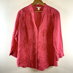 Womens 100% Linen Textured Floral Button Top‎ Sz 12 Pink Boho Resort Coastal